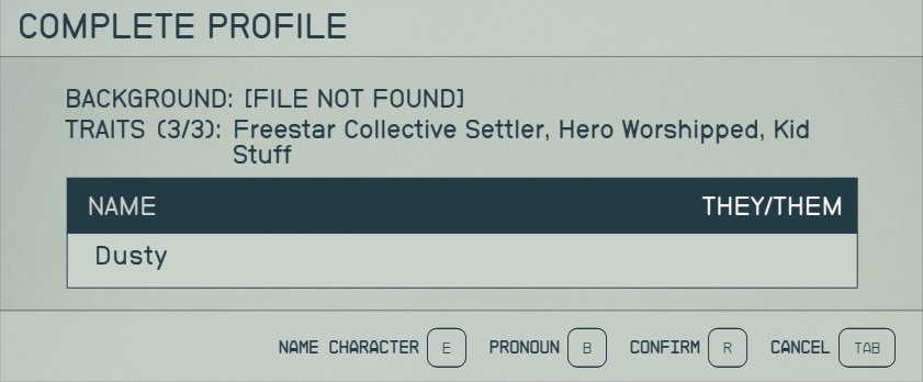 Starfield Complete Profile screen summarizing background, traits, name and pronouns