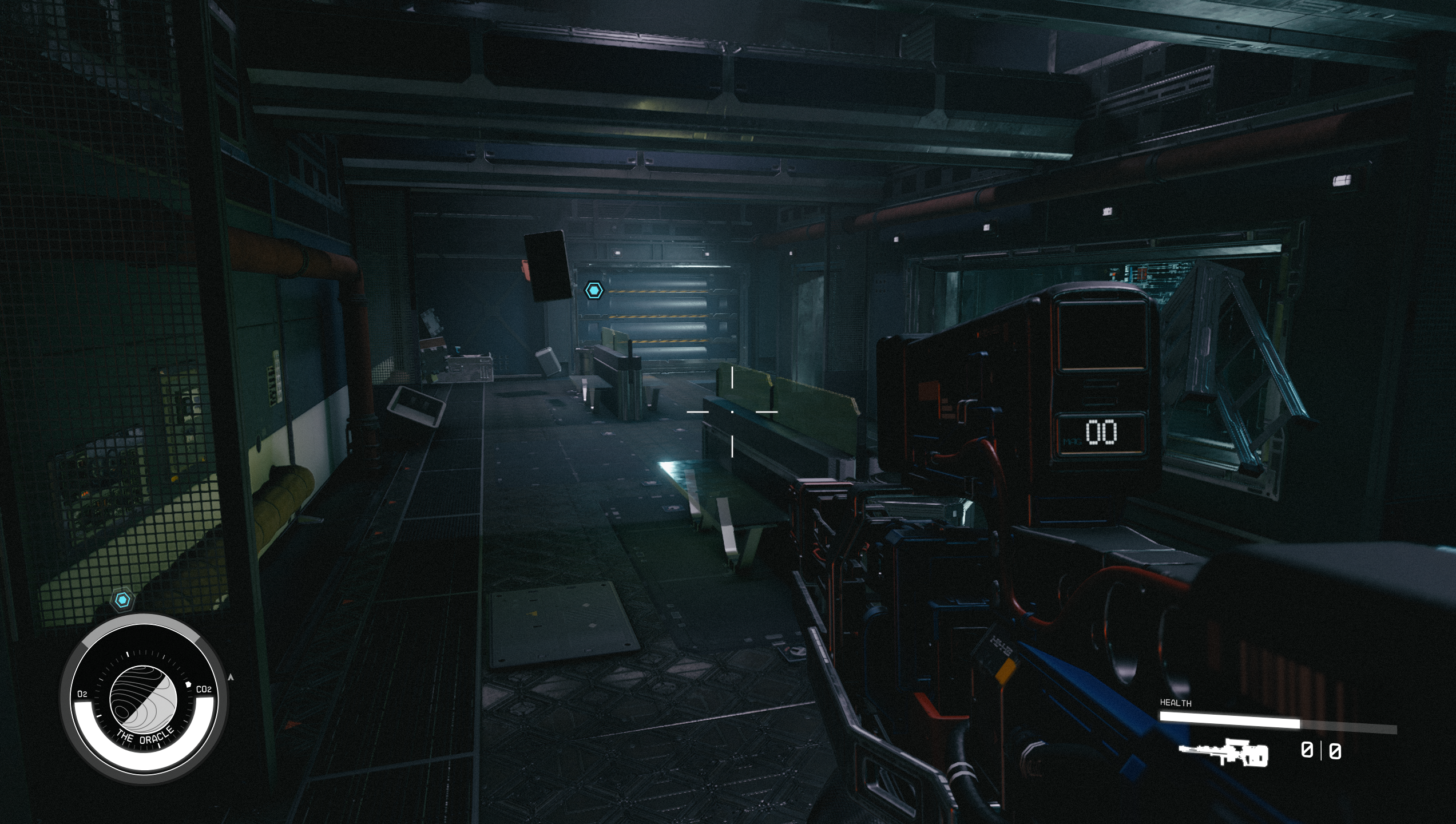 Interior corridor of the Oracle in Starfield Shattered Space showing the route after docking