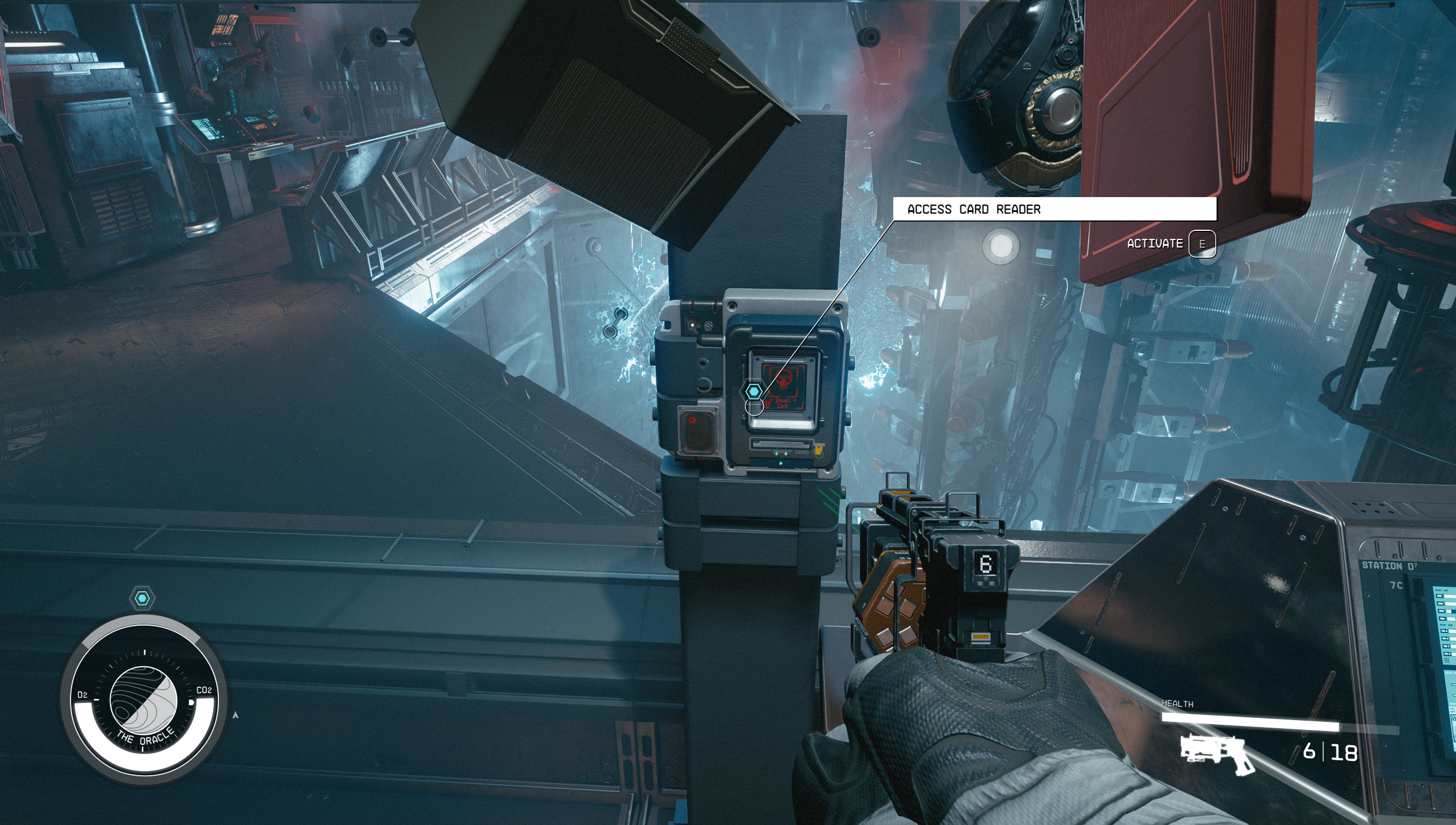 Engineering bay access card reader in Starfield Shattered Space showing the locked door to open after finding the card