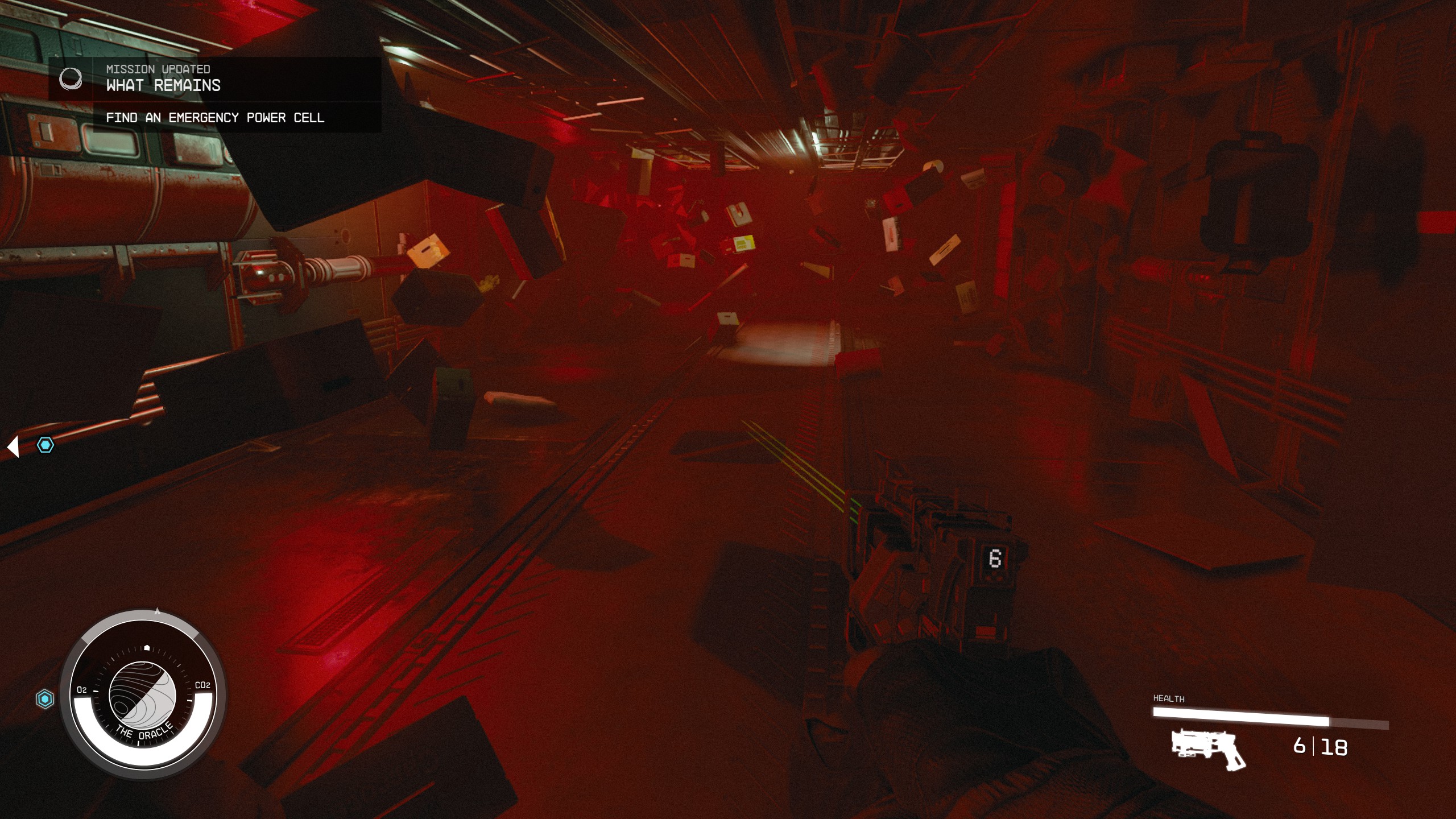 Red room with floating objects in Starfield Shattered Space where players must find the emergency power cell