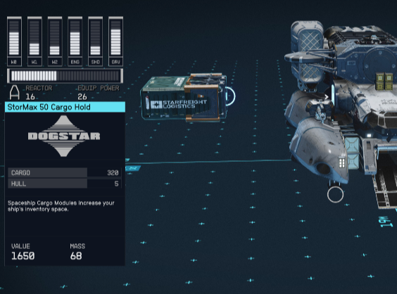 Starfield StorMax cargo module placed near the hull to increase inventory capacity
