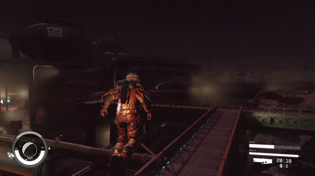 Starfield character using a Boost Pack above a walkway to cross an obstacle during exploration